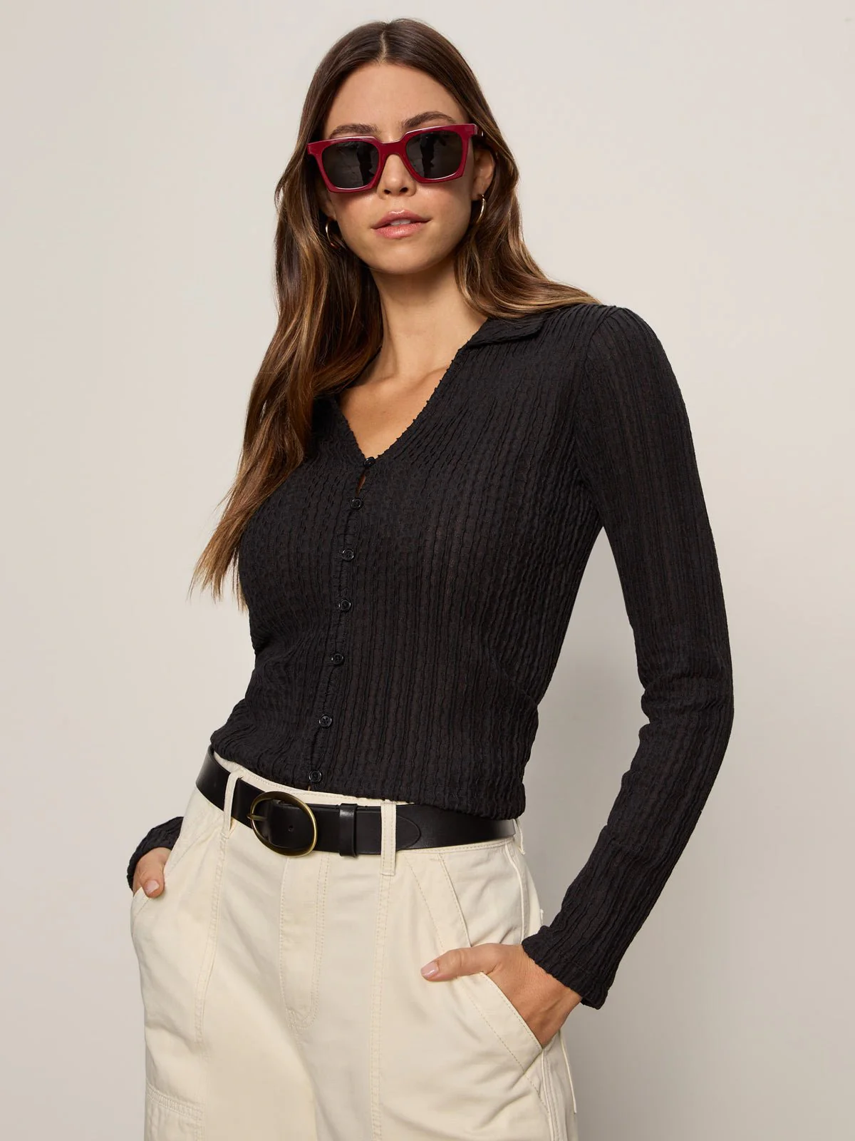 Button Down Textured Top Black - Image 4