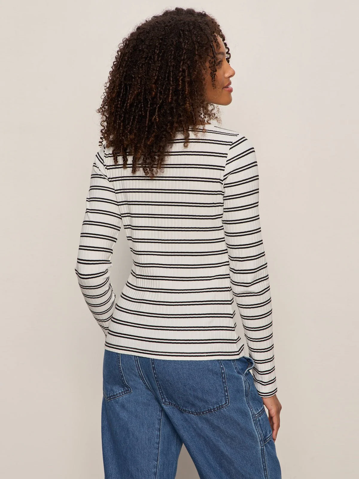Button Front Ribbed Top Chalk / Black Stripe - Image 3
