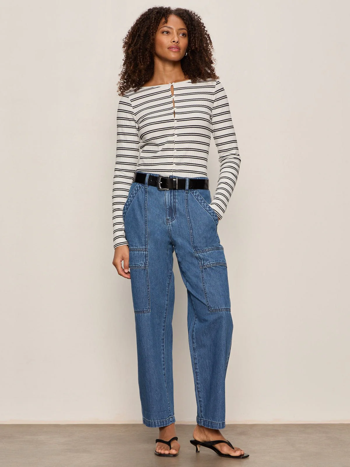 Button Front Ribbed Top Chalk / Black Stripe - Image 5