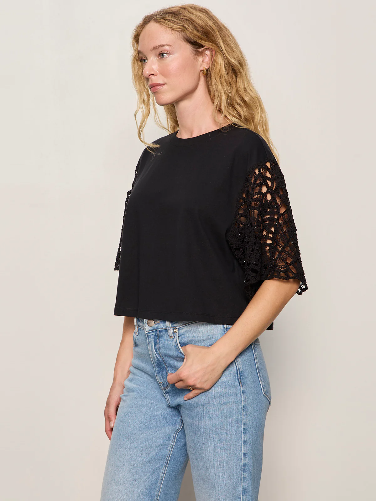 Crochet Sleeve Belle Tee Black - Image 3