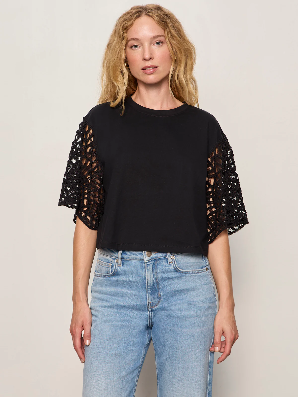 Crochet Sleeve Belle Tee Black - Image 4