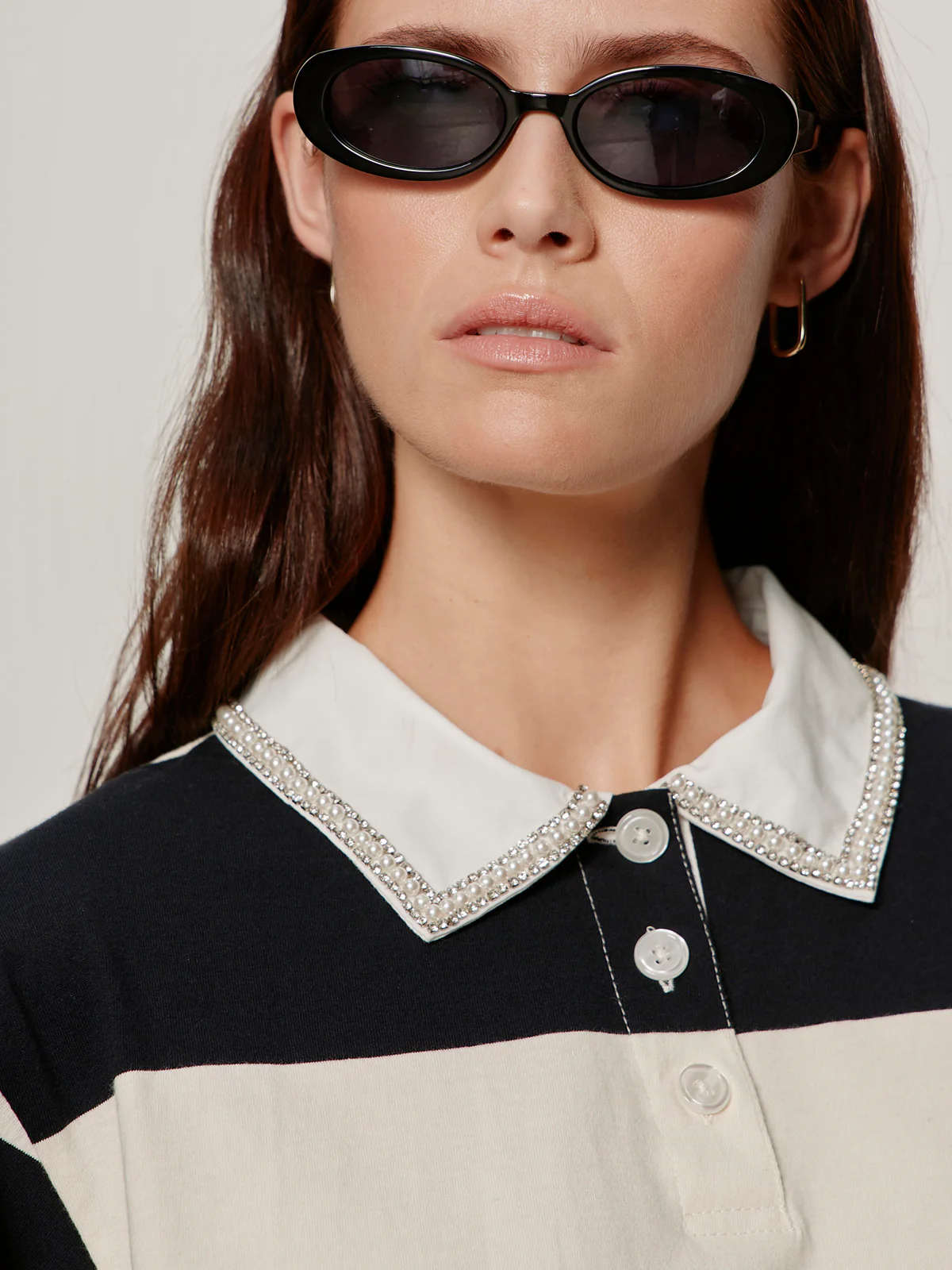 Embellished Polo Tee Collagen/Black Stripe - Image 4