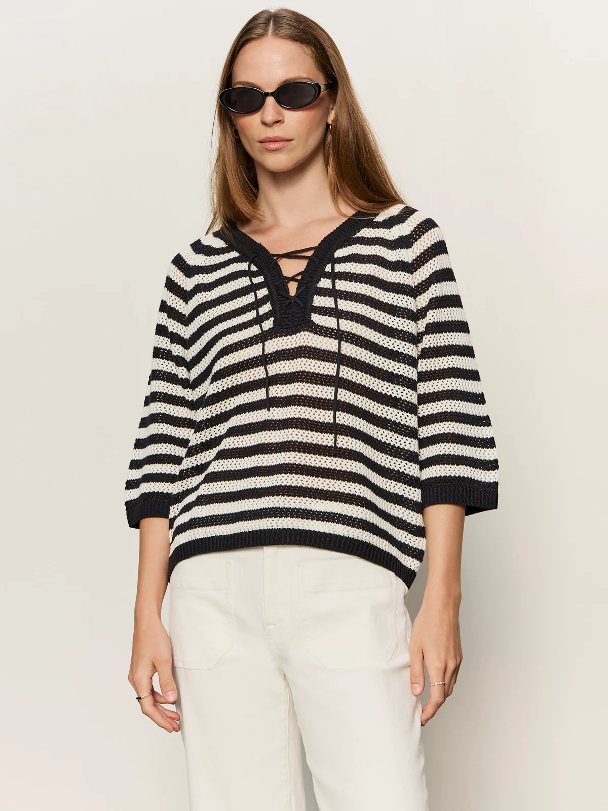 Lace Up Sweater Tee Black/Chalk - Image 2