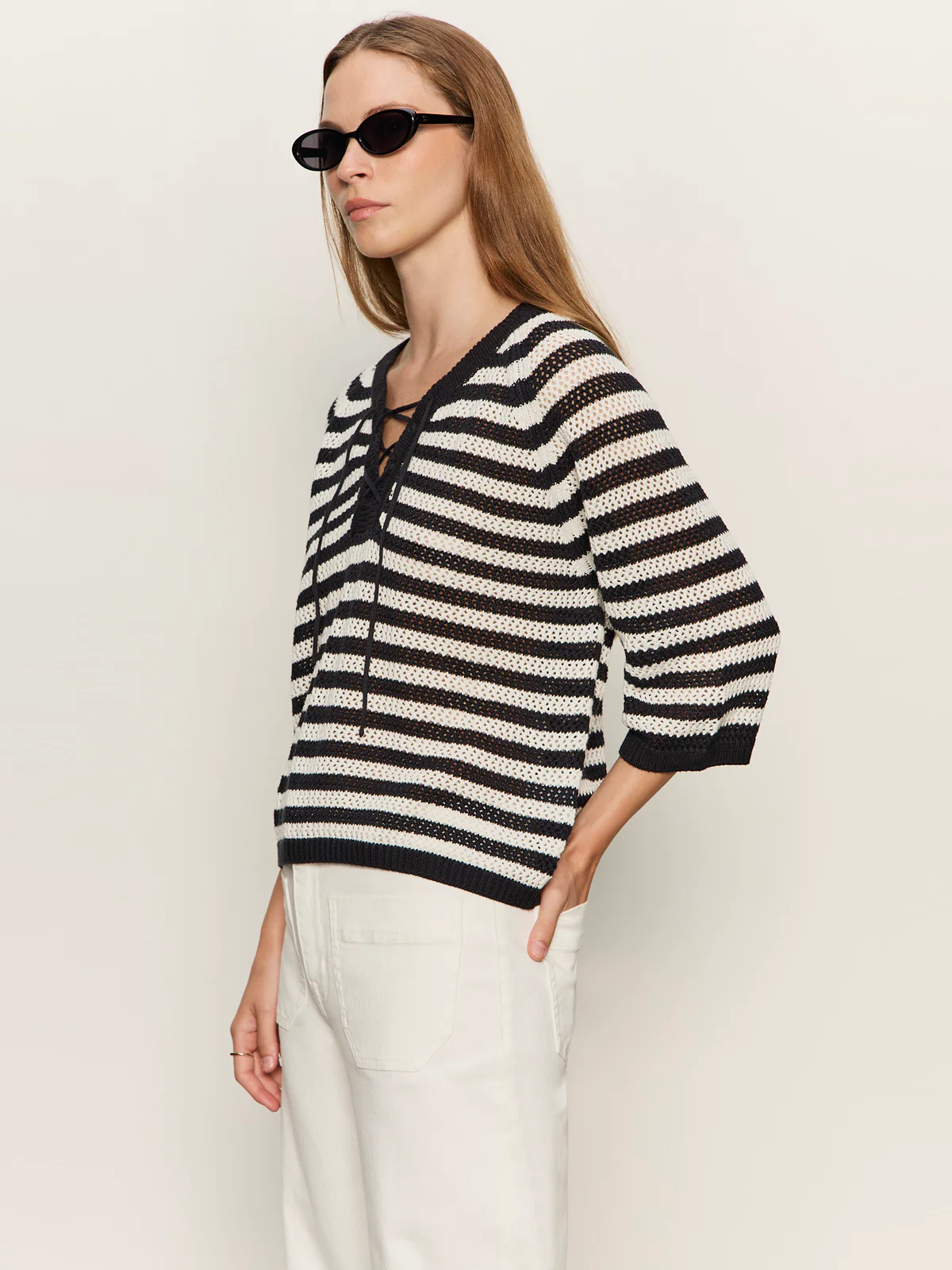 Lace Up Sweater Tee Black/Chalk - Image 4