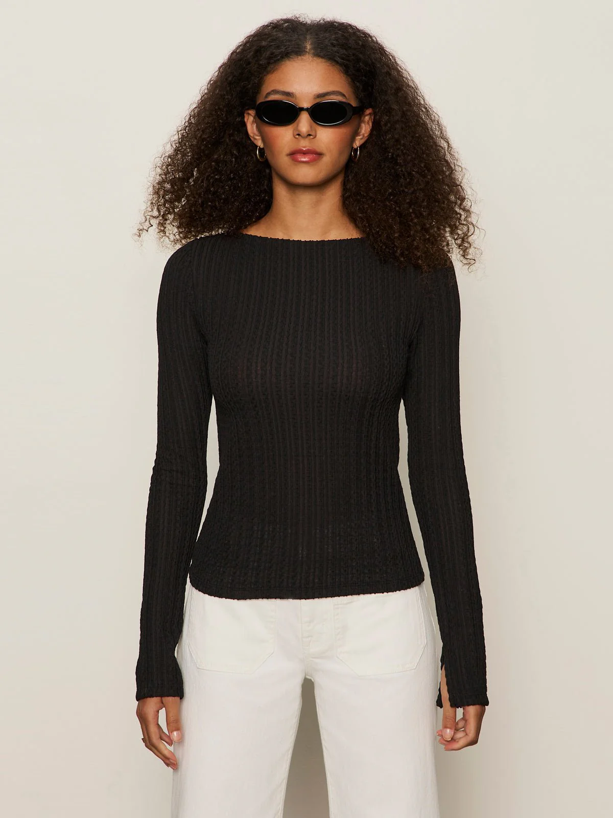 Long Sleeve Boatneck Textured Top Black - Image 2