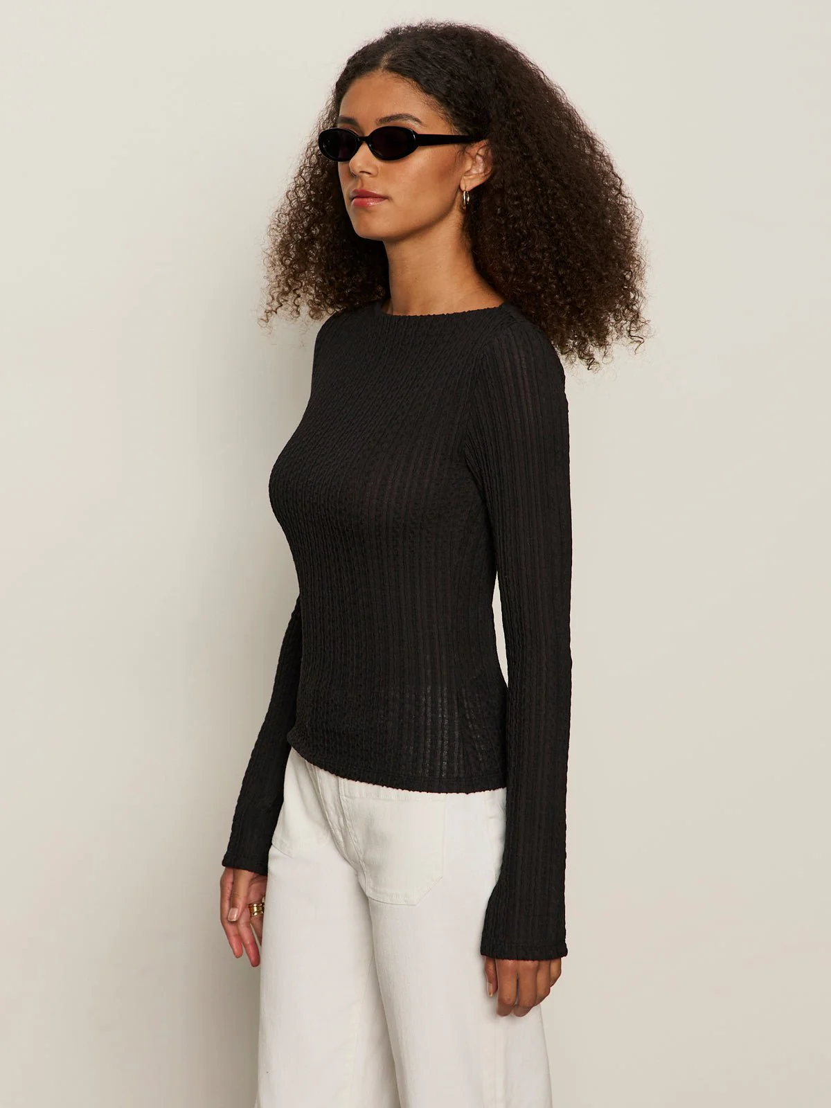 Long Sleeve Boatneck Textured Top Black - Image 3