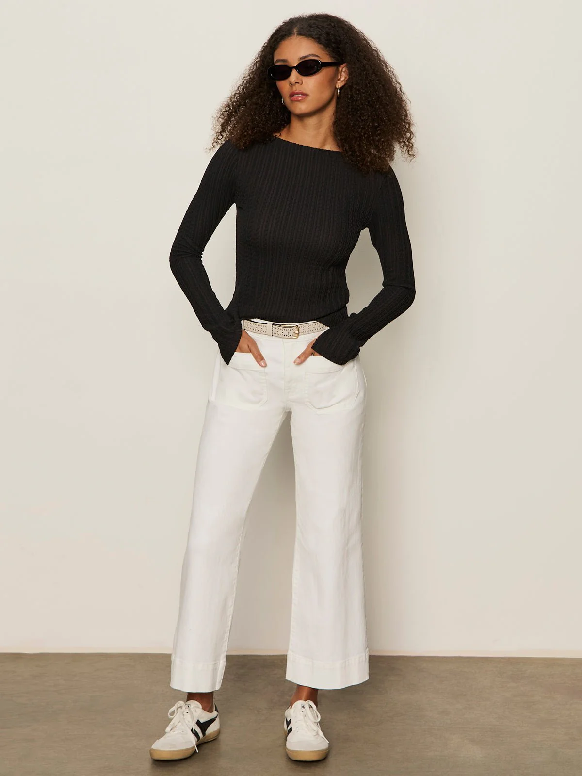 Long Sleeve Boatneck Textured Top Black - Image 5