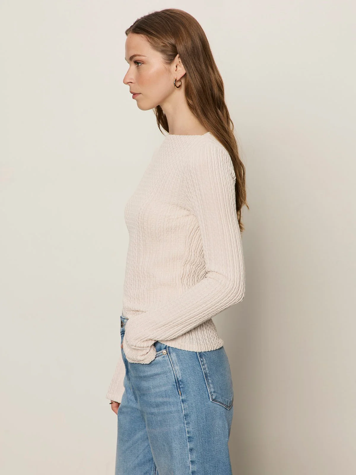 Long Sleeve Boatneck Textured Top Pink Milk - Image 3