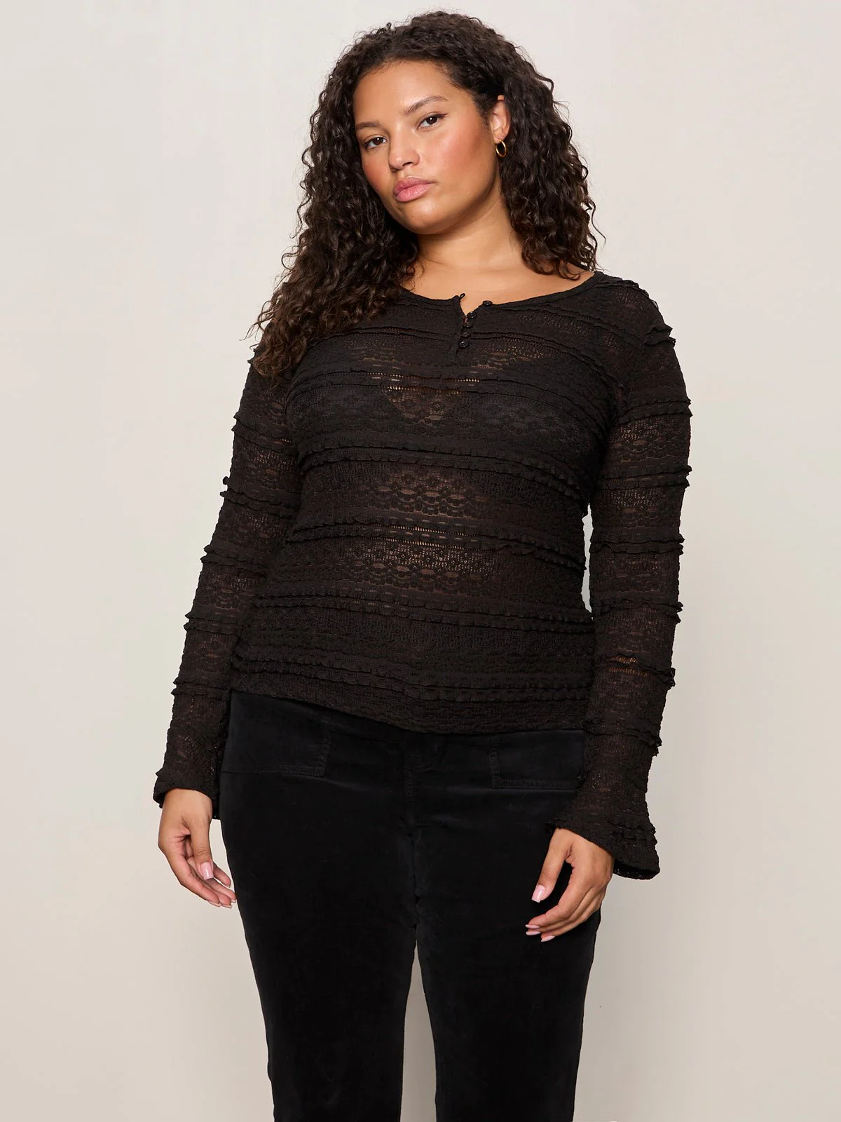 Lovely Lace Button Front Top Black Extended Sizing - Image 2