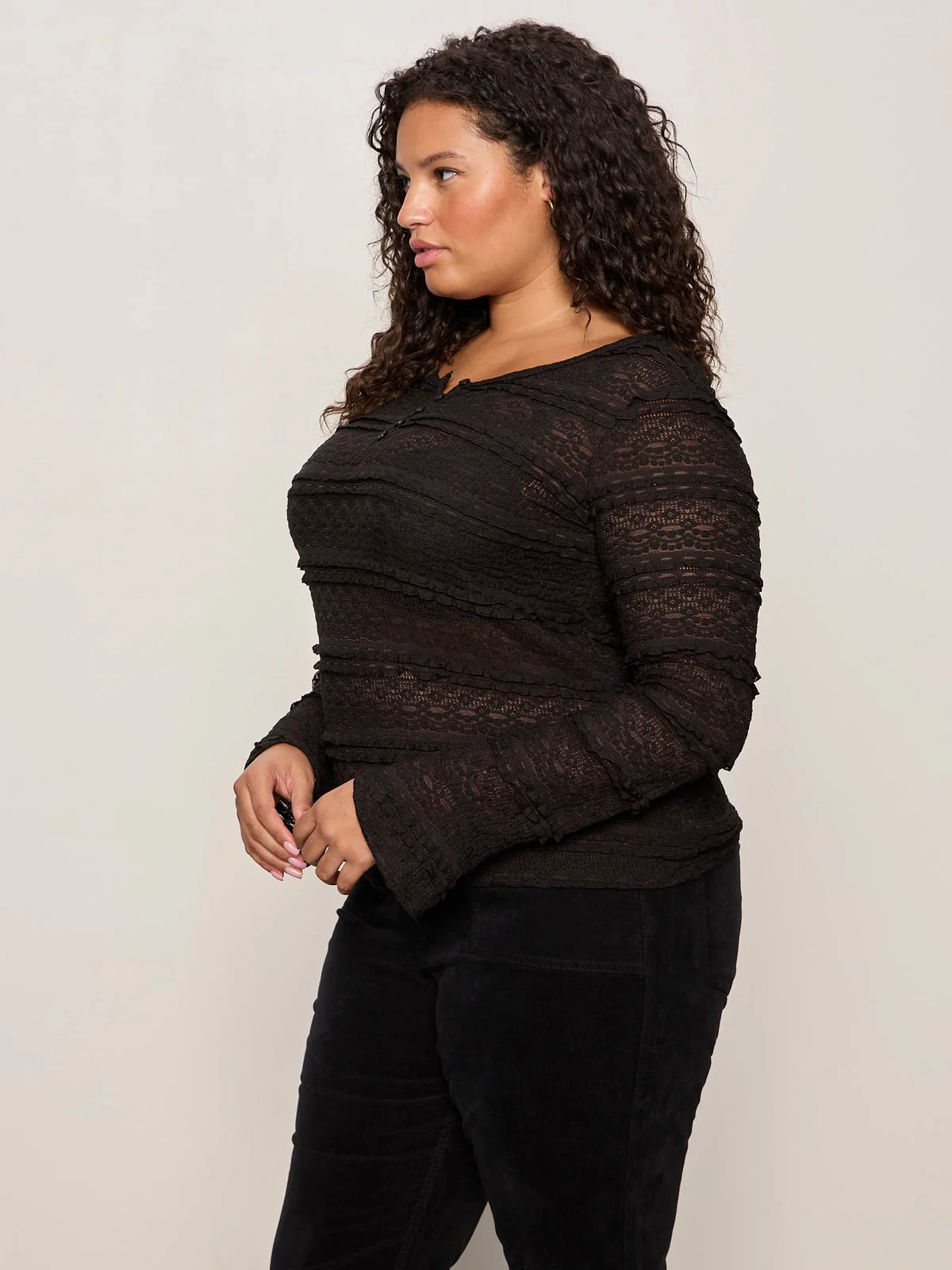 Lovely Lace Button Front Top Black Extended Sizing - Image 4