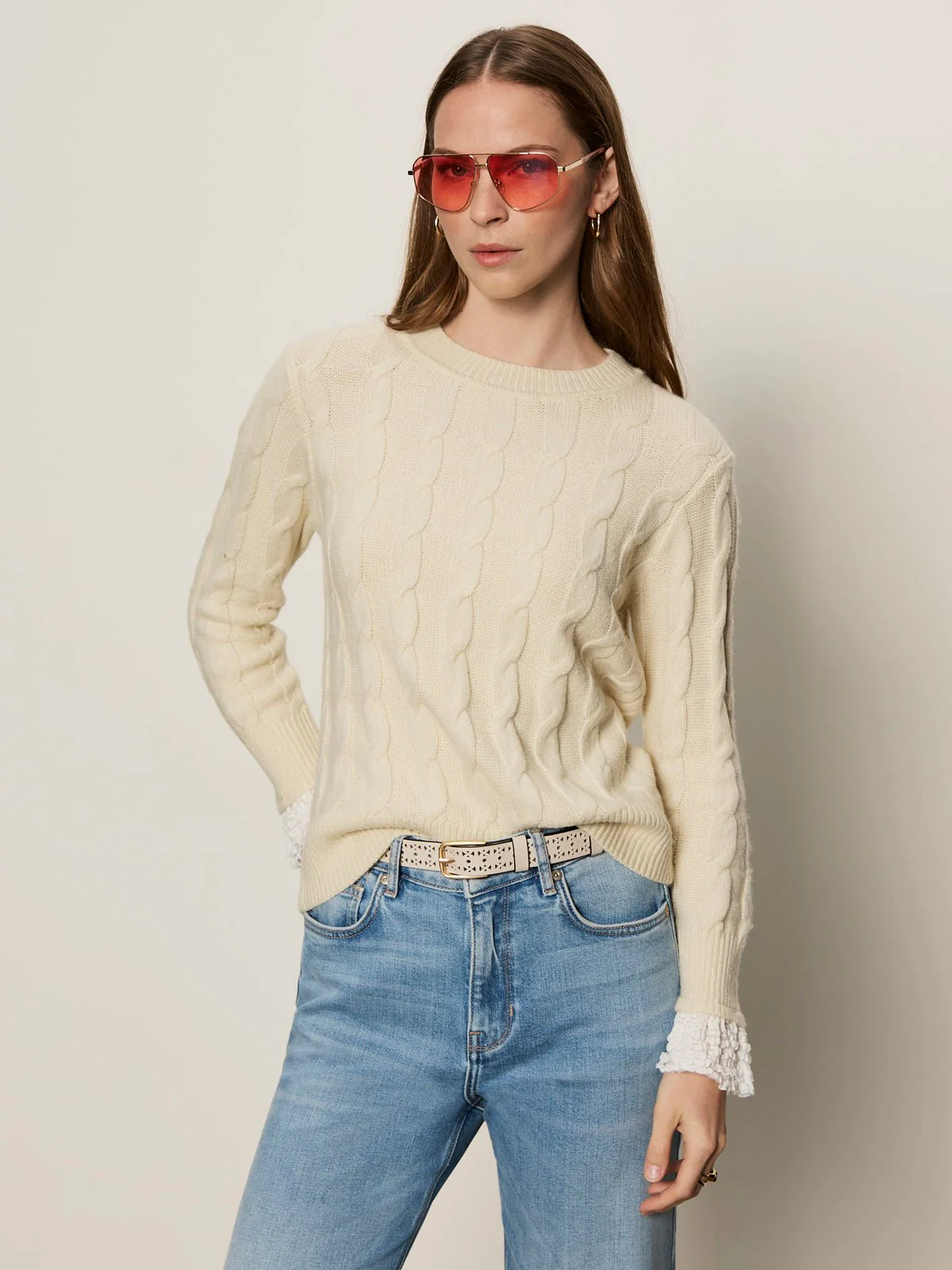 One In A Million Cable Crewneck Sweater Vanilla - Image 2