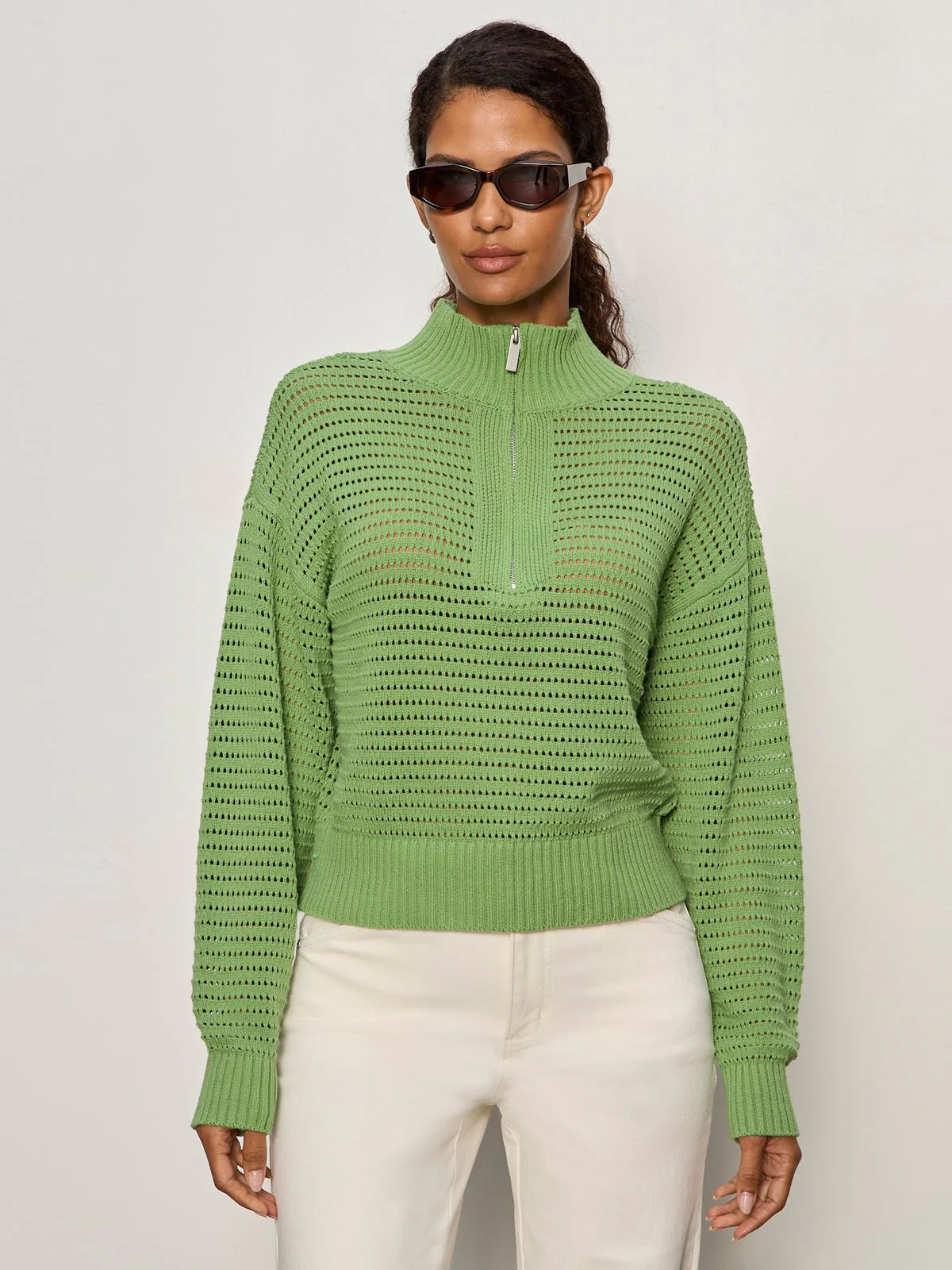 Open Knit 1/2 Zip Sweater Detox Green - Image 3