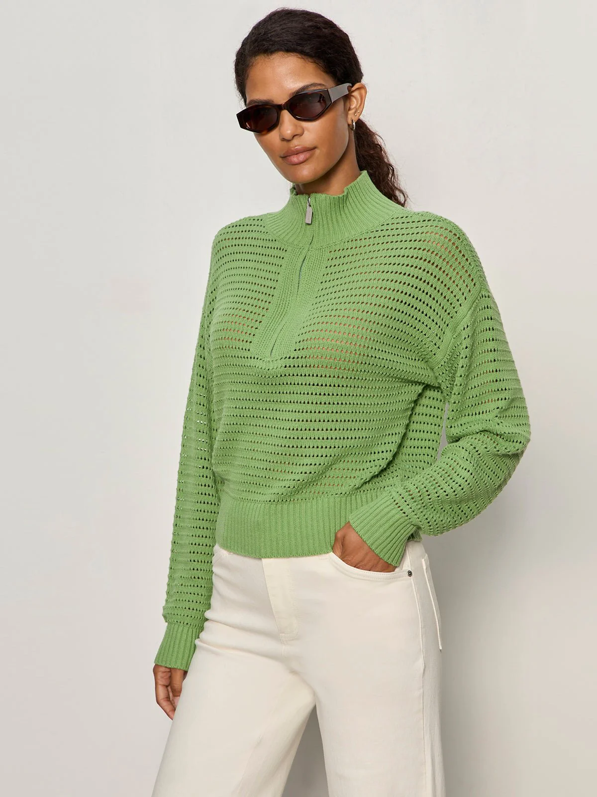 Open Knit 1/2 Zip Sweater Detox Green - Image 4
