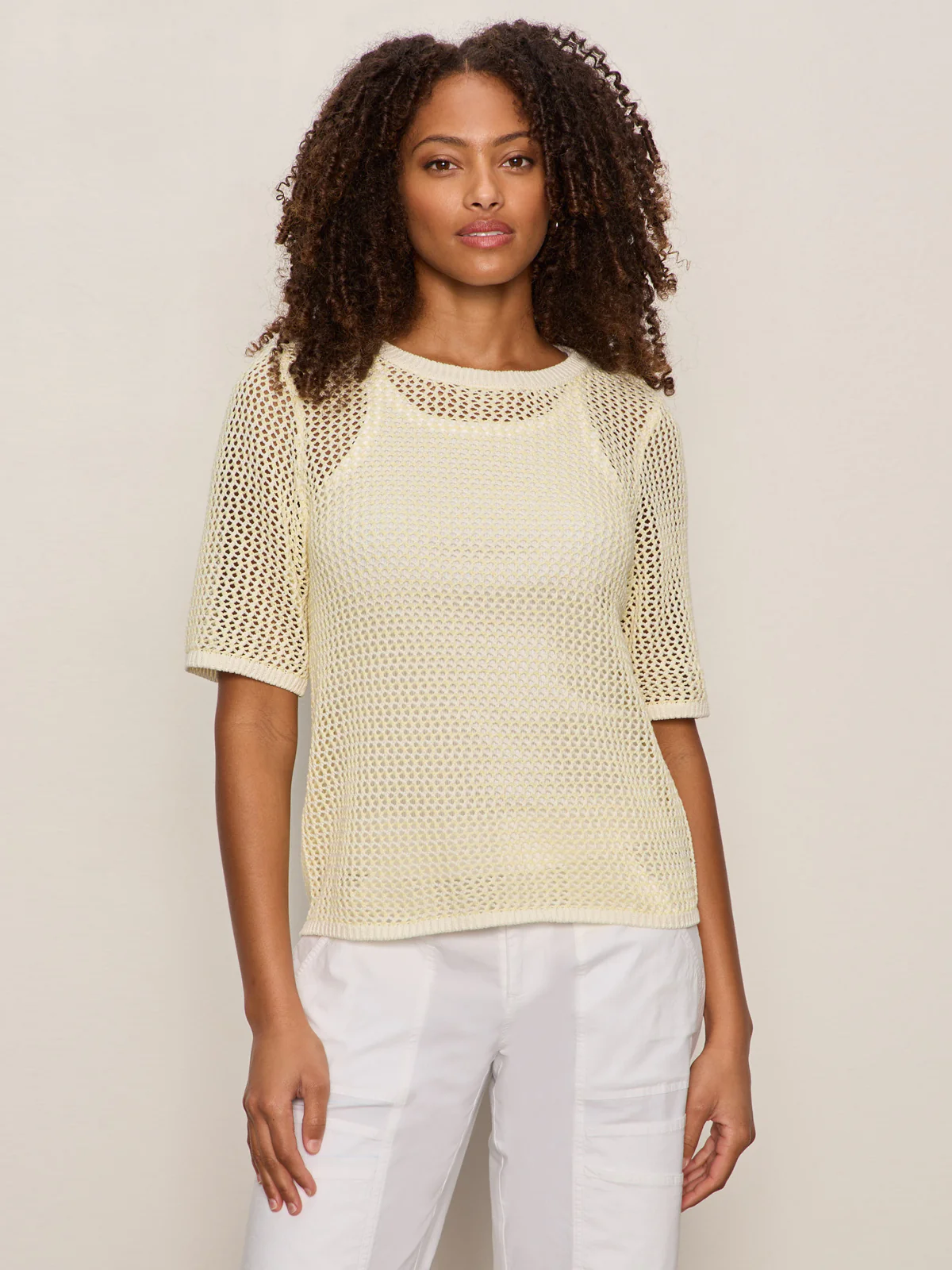 Open Knit Sweater Tee Lemon Drop/Chalk Stripe - Image 3