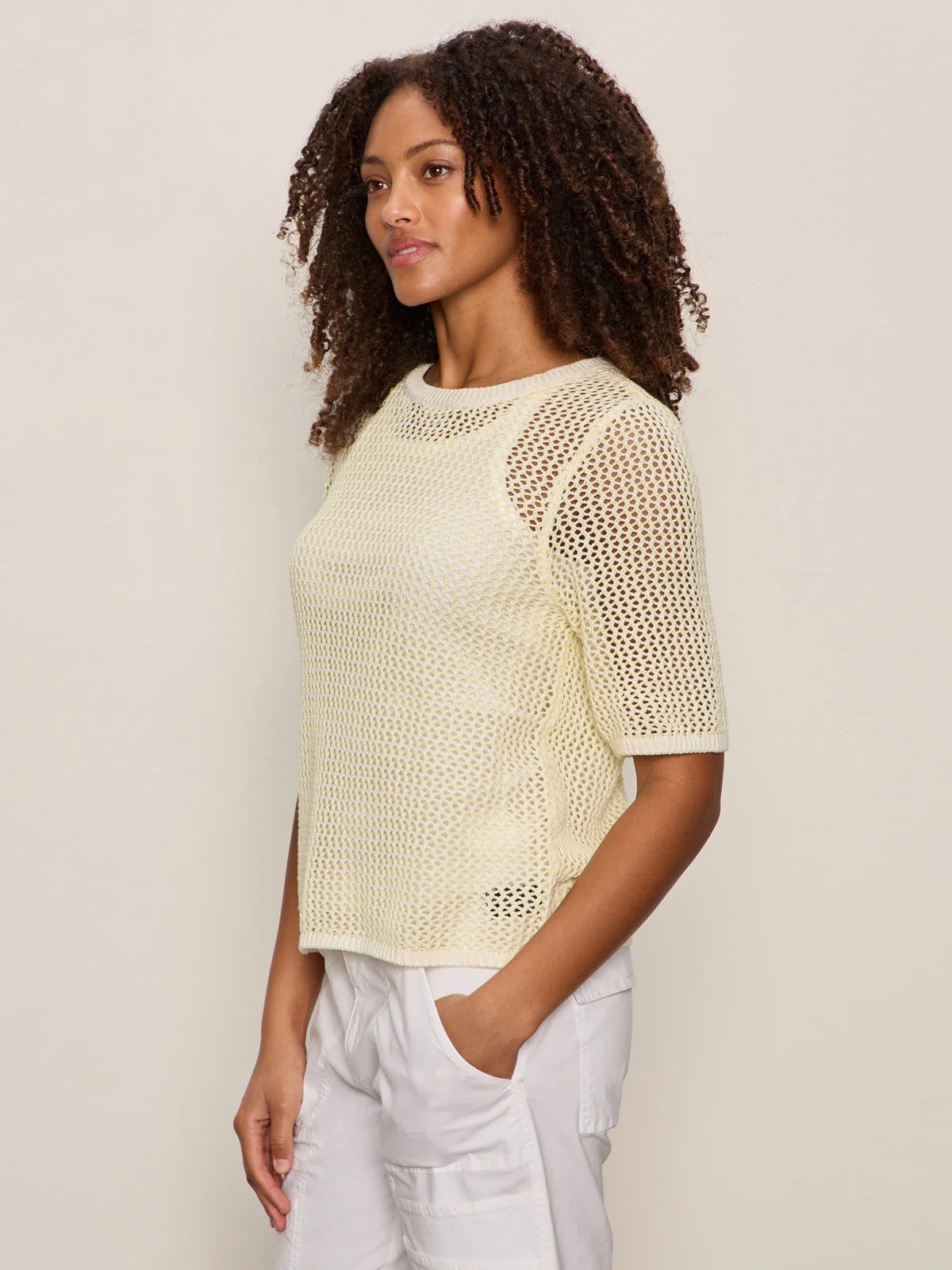 Open Knit Sweater Tee Lemon Drop/Chalk Stripe - Image 4