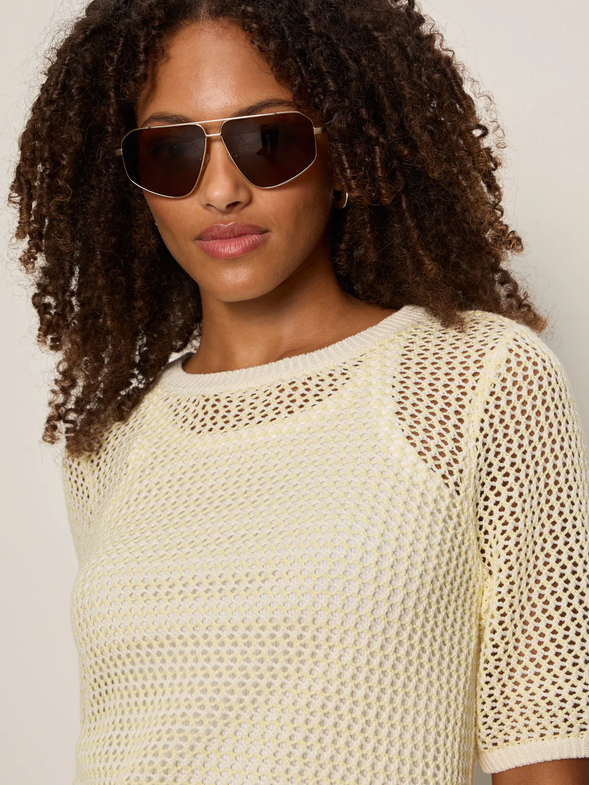Open Knit Sweater Tee Lemon Drop/Chalk Stripe - Image 5