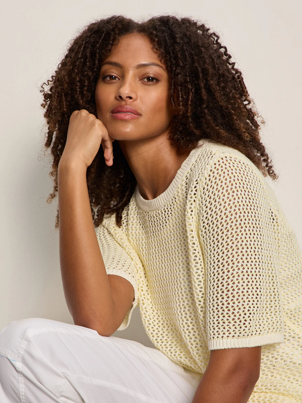 Open Knit Sweater Tee Lemon Drop/Chalk Stripe - Image 7