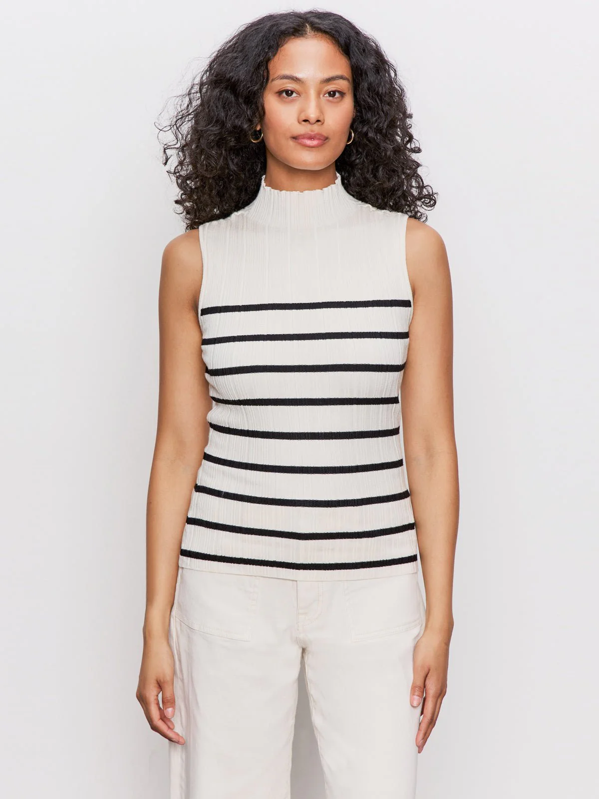 Ribbed Funnel Neck Top Light Oat/Black - Image 2