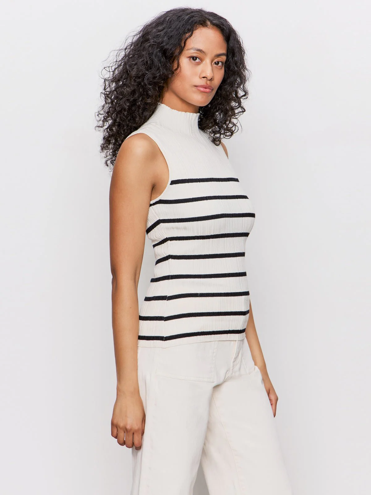 Ribbed Funnel Neck Top Light Oat/Black - Image 3