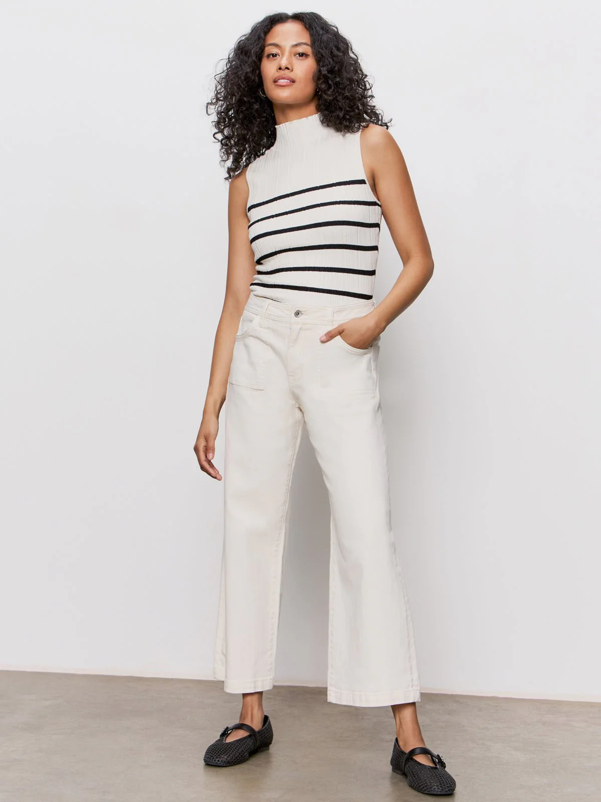 Ribbed Funnel Neck Top Light Oat/Black - Image 5