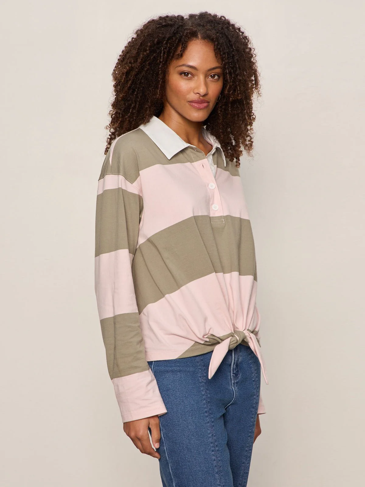 Rugby Tie Front Tee Oxygen Pink / Olive Tree Stripe - Image 3