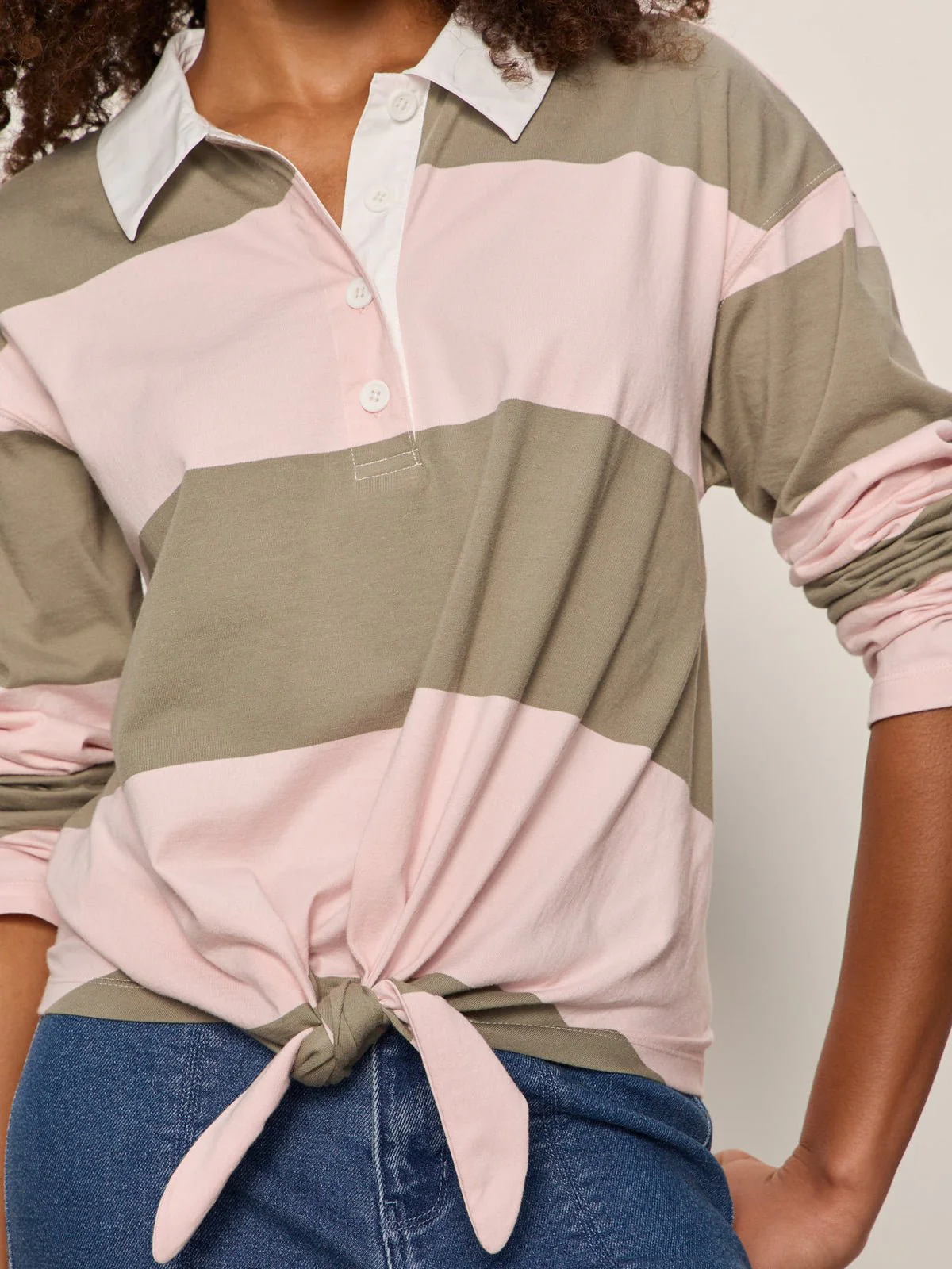 Rugby Tie Front Tee Oxygen Pink / Olive Tree Stripe - Image 5