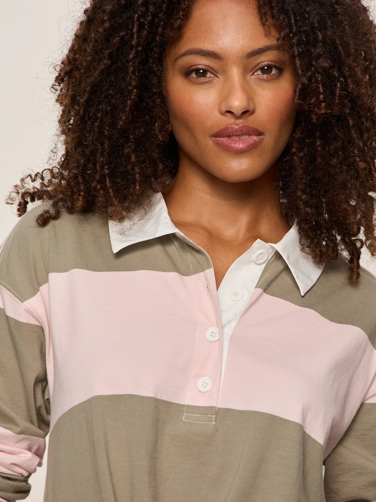 Rugby Tie Front Tee Oxygen Pink / Olive Tree Stripe - Image 7