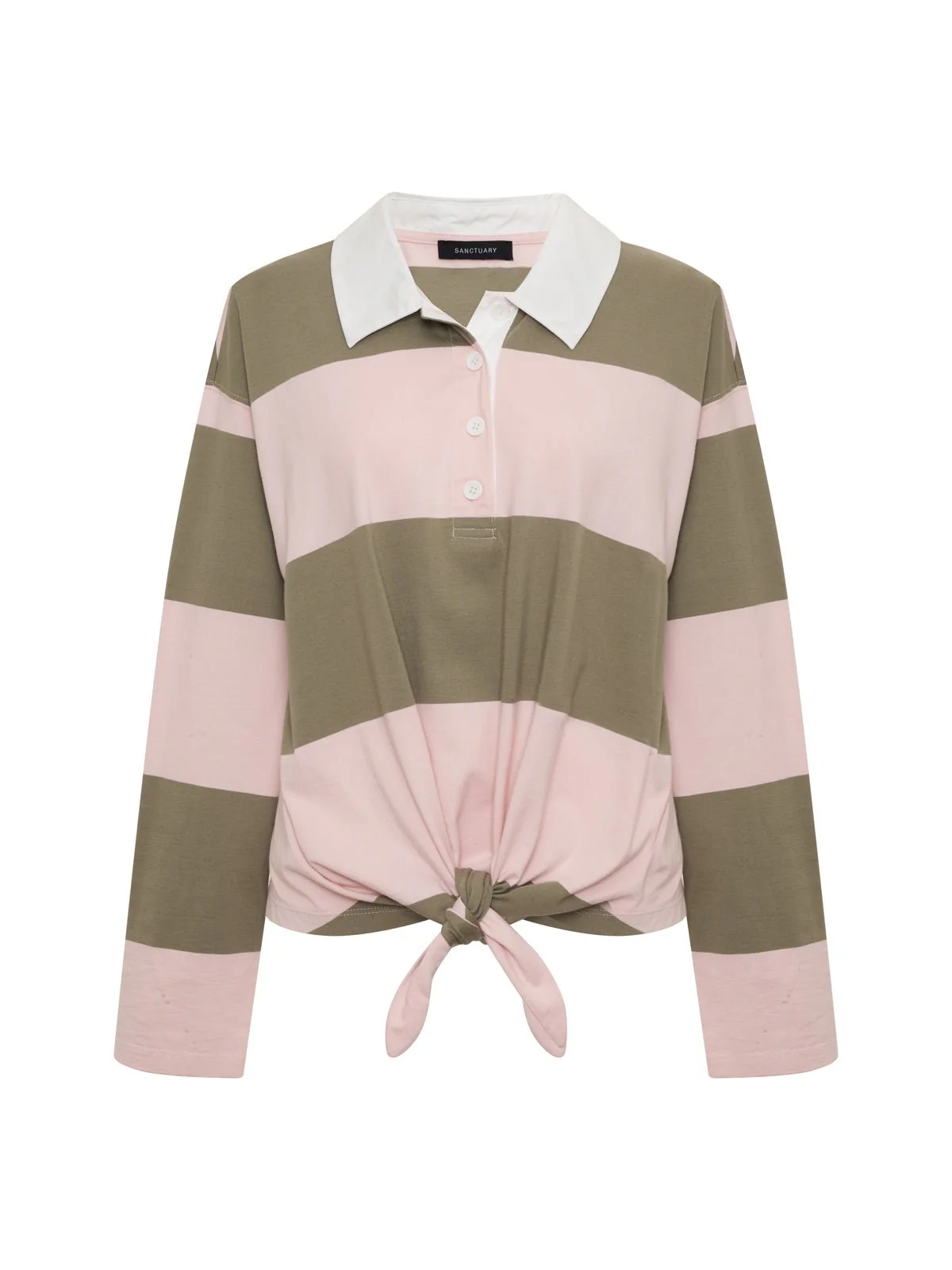 Rugby Tie Front Tee Oxygen Pink / Olive Tree Stripe - Image 8