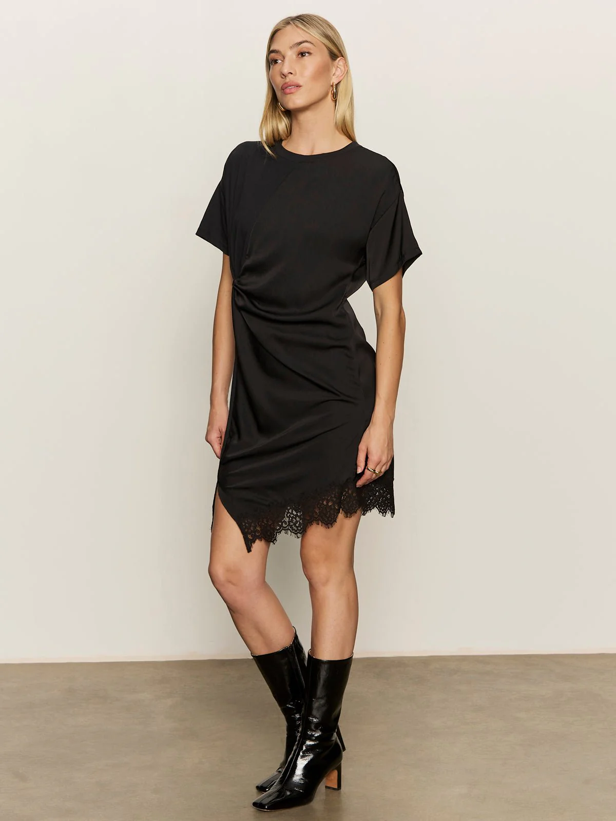 Satin Mix Tshirt Dress Black - Image 2