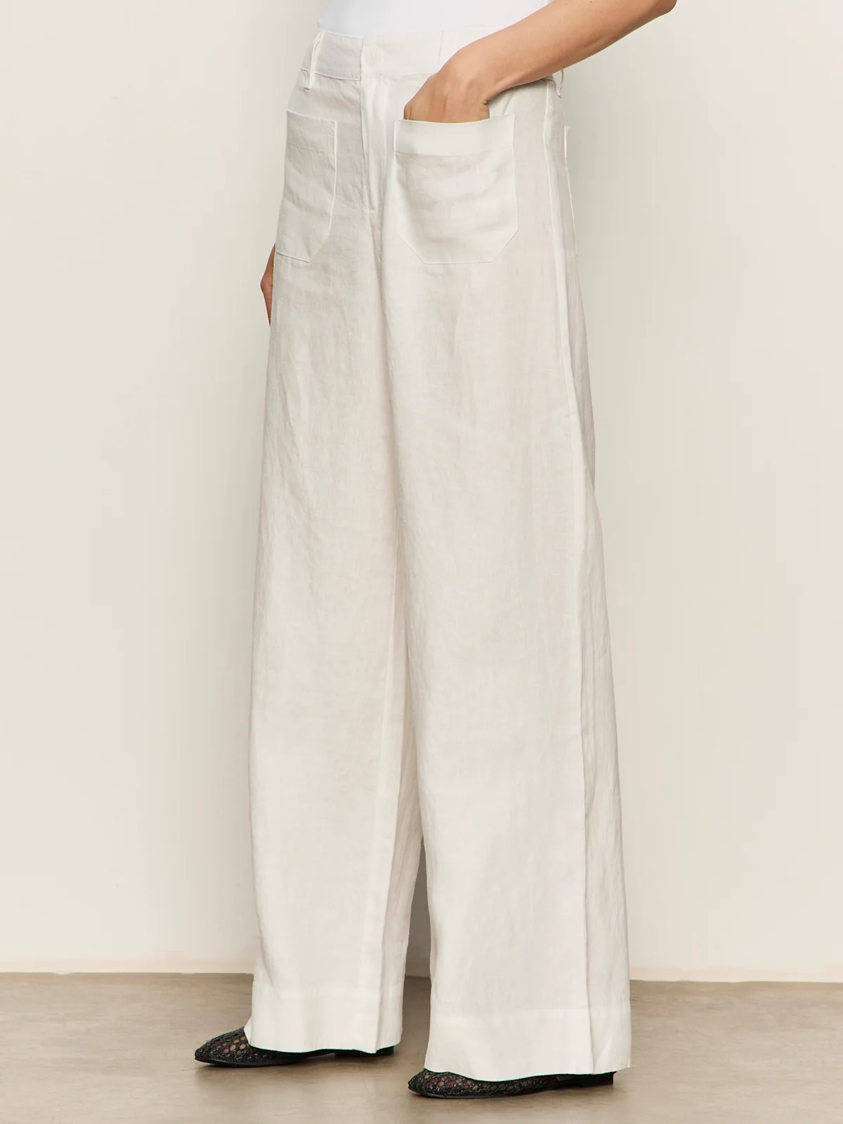 The Linen Marine Wide Leg Semi-High Rise Pant White - Image 4
