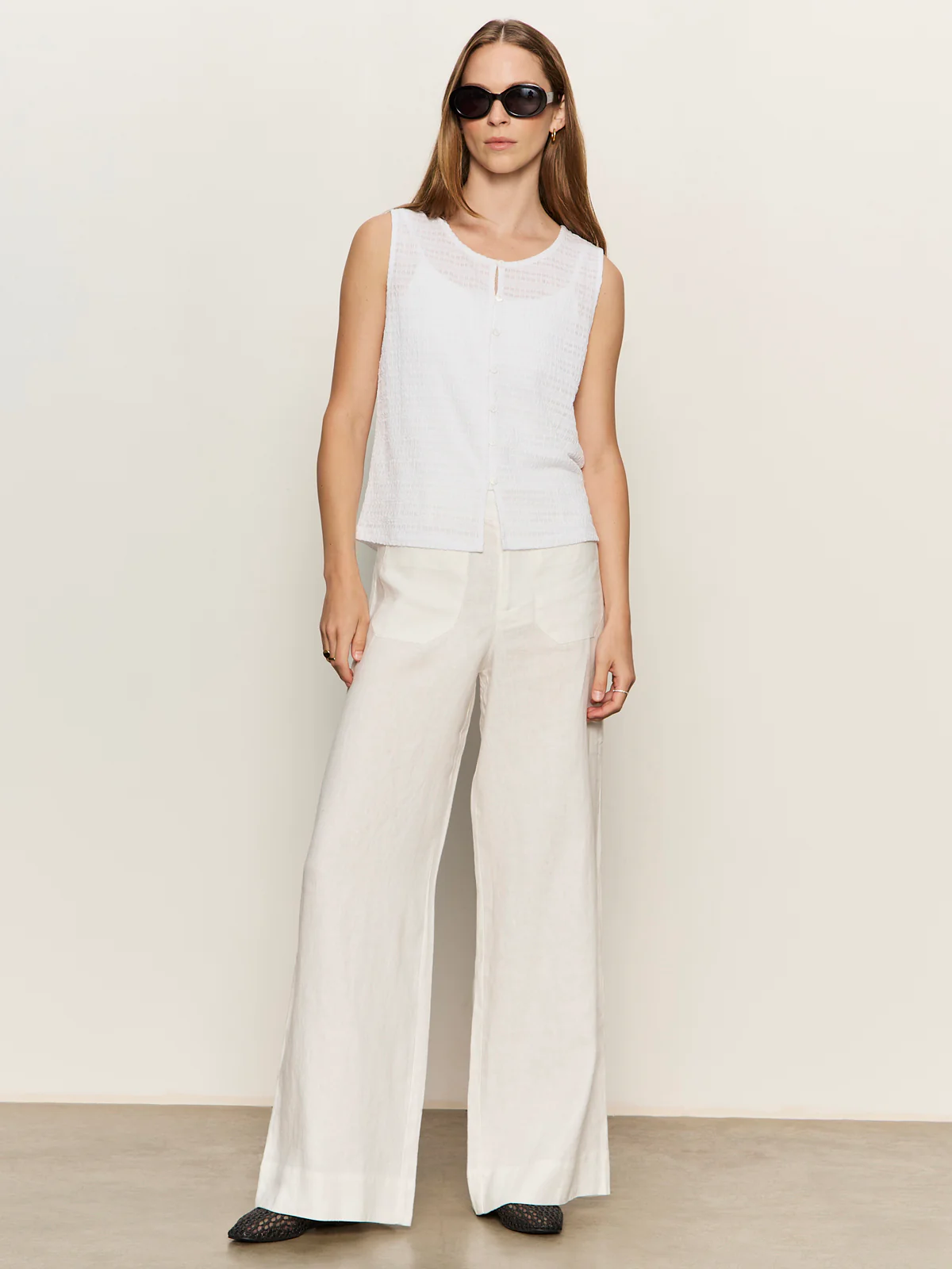 The Linen Marine Wide Leg Semi-High Rise Pant White - Image 7
